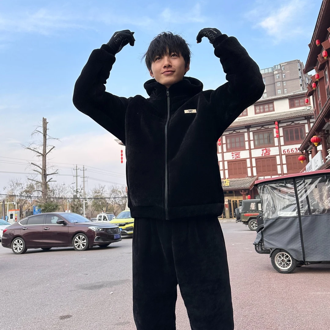 冬季男士连帽家居服套装加绒加厚保暖外穿睡衣黑色运动舒适睡衣男