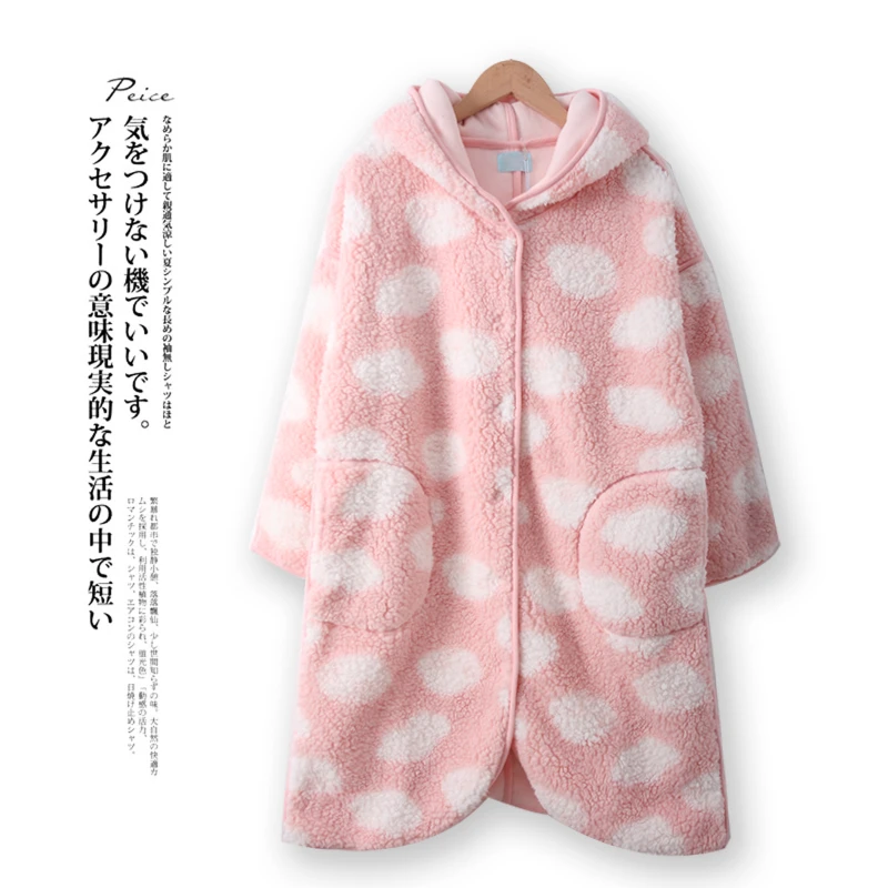 HH908 冬季女摇粒绒保暖连帽睡袍双面可穿居家休闲服可外穿上衣