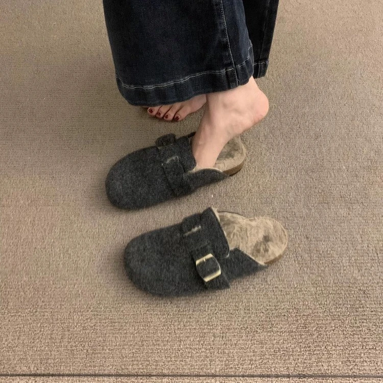 厚底加绒半拖勃肯鞋毛毛鞋女鞋子外穿保暖拖鞋棉鞋休闲包头拖鞋女