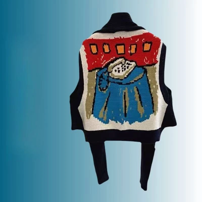 「涂鸦披肩」韩版披肩设计感涂鸦提花针织披肩马甲两穿