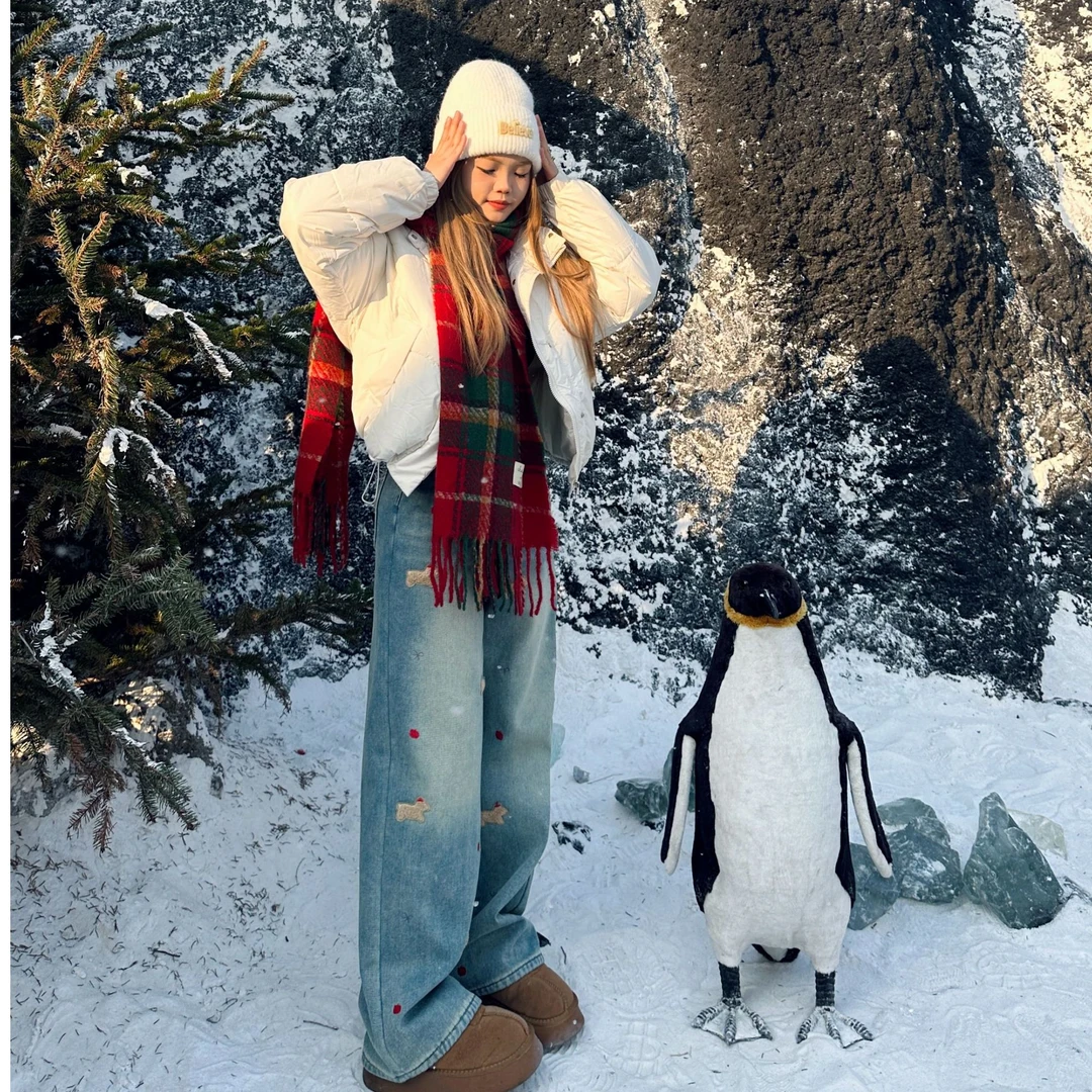 《珠珠定制》腊肠狗大码厚绒设计感水貂绒绣花水洗软牛仔阔腿拖地裤