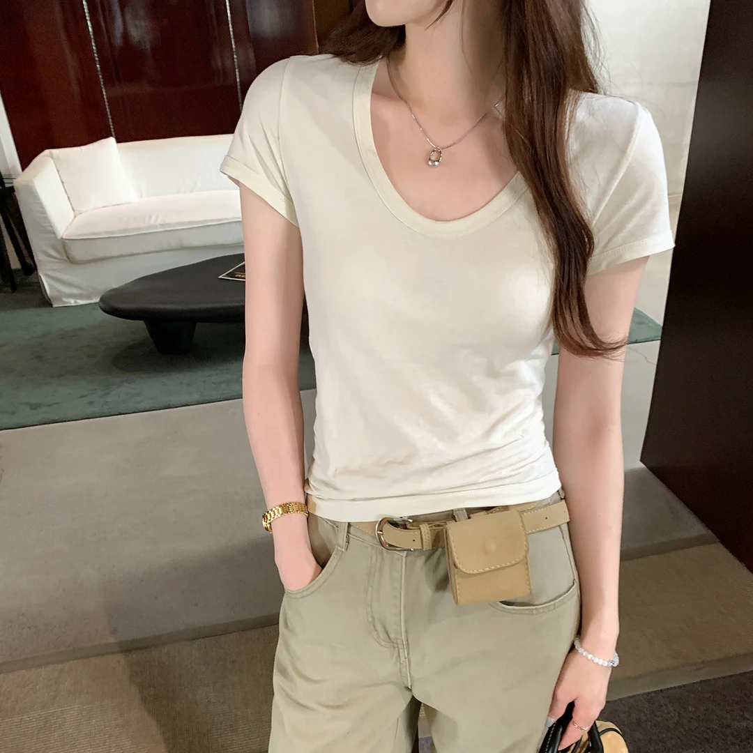 热销初夏独特漂亮绝美白色纯棉正肩短袖T恤女2025夏日精致设计感