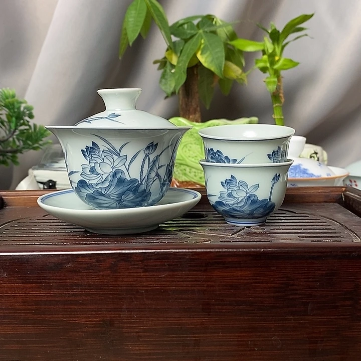 120ml复古荷花盖碗荣两个杯子