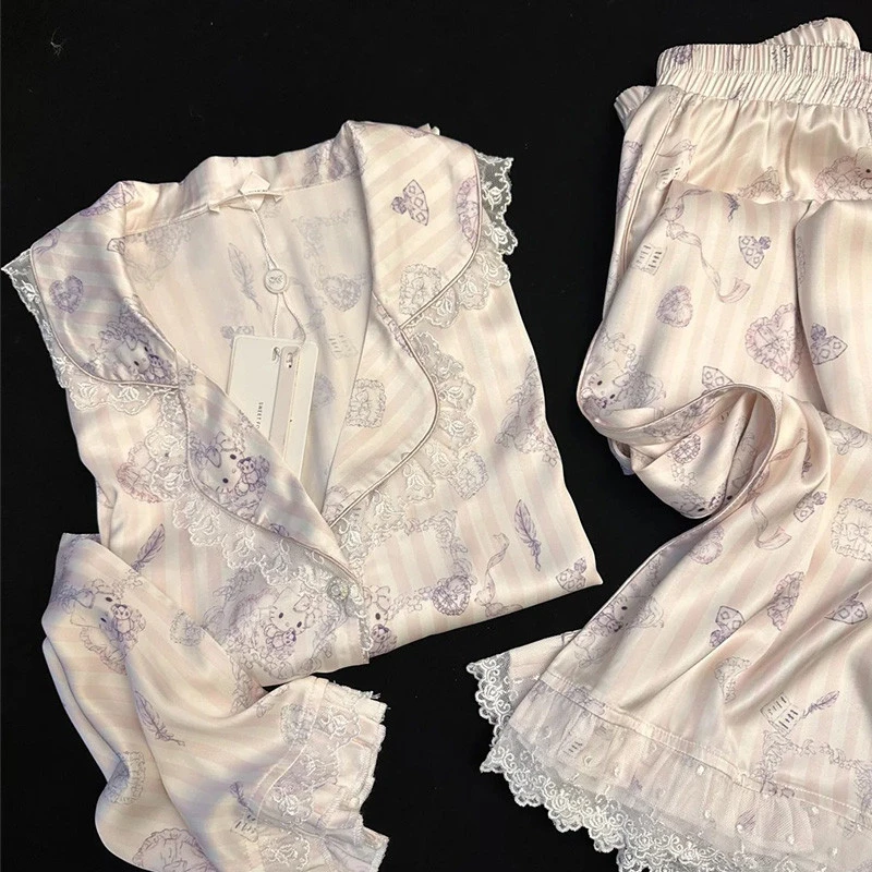 新款甜心猫睡衣女春秋季奶油冰丝缎面蕾丝边可外穿家居服夏