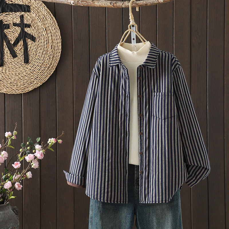 拼接口袋长袖休闲宽松藏青色条纹夹棉衬衫女2025秋冬保暖棉衣外套