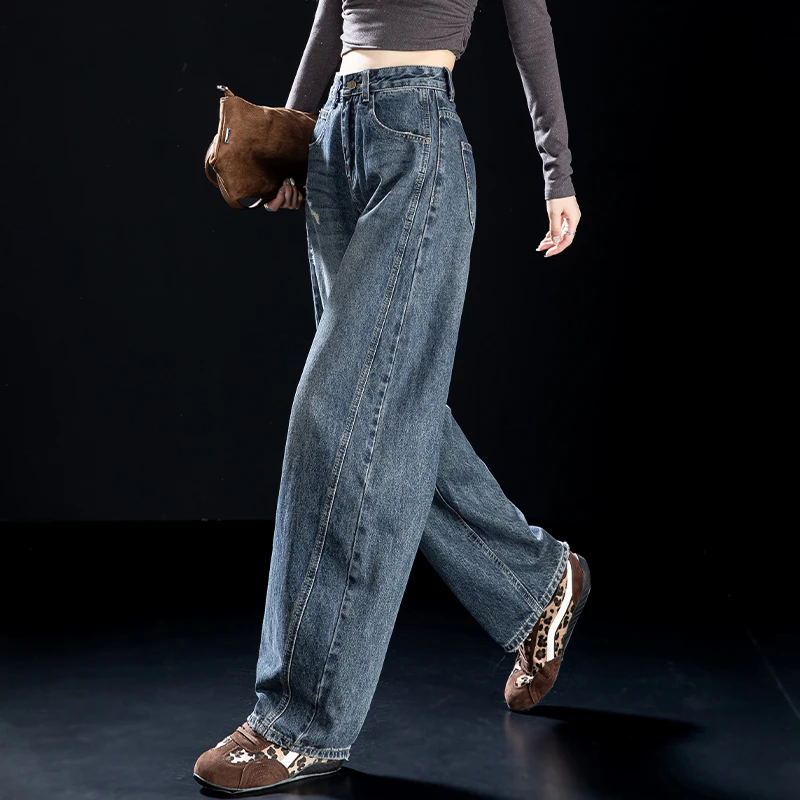 美式复古破洞牛仔裤女2025年流行网红女裤秋冬新款弯刀裤子镰刀裤