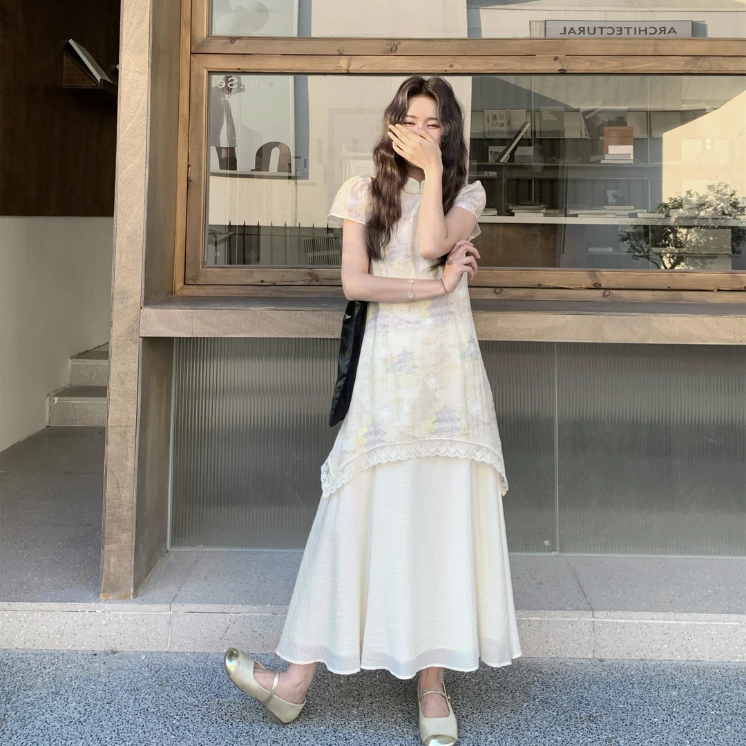 新中式国风假两件印花连衣裙女2025夏季设计感超好看气质绝美长裙