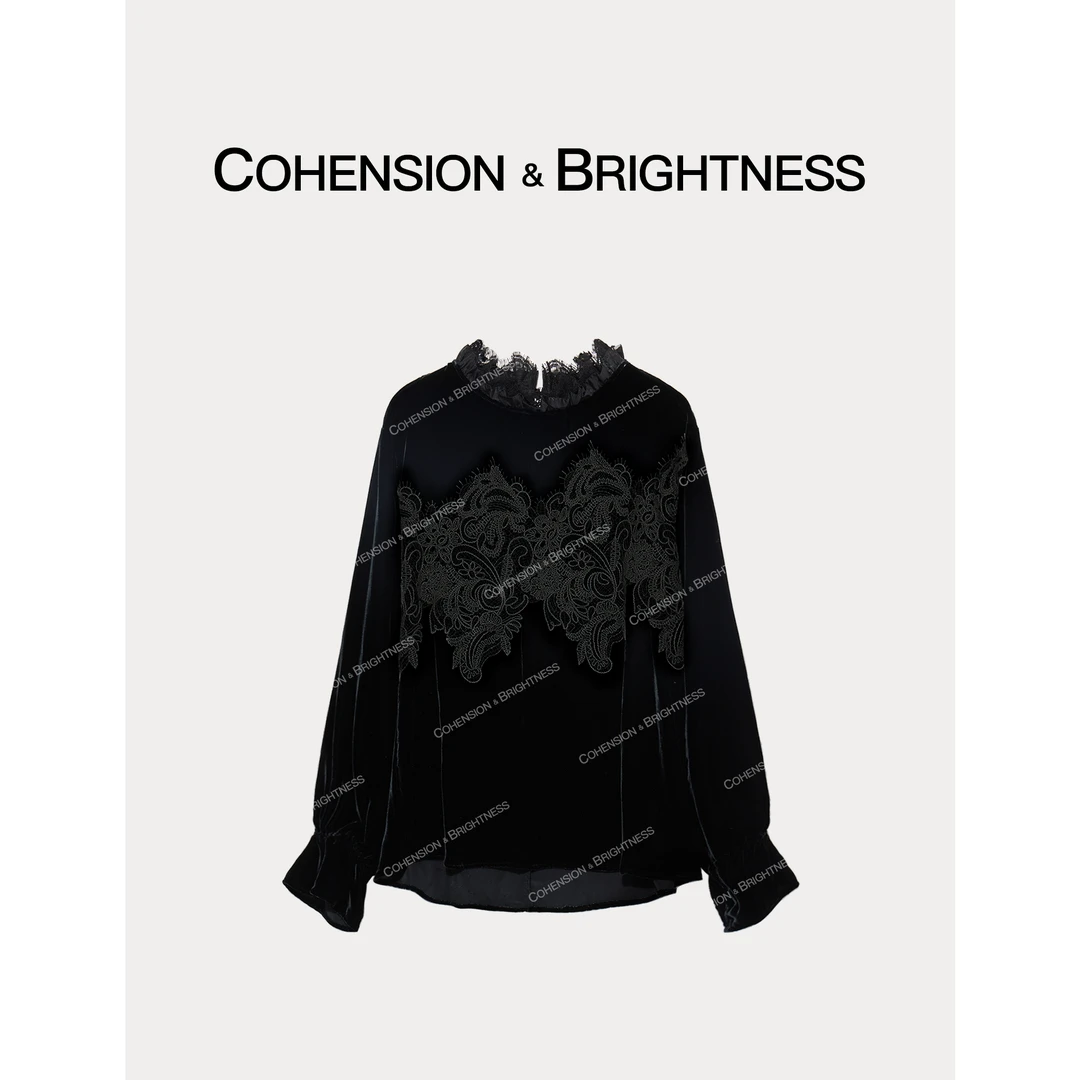 凝慧真的好【微甜清酒】新款丝绒蕾丝拼接半高领长袖衬衫CQ188