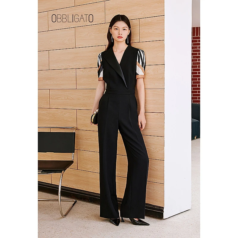 OBBLIGATO奥丽嘉朵2025夏季1C35202120新品V领条纹拼接显瘦连体服