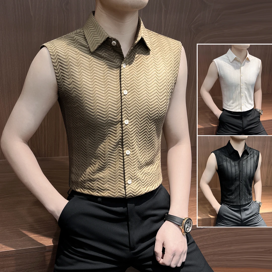 无袖背心衬衫男款爆款2025新款秋季潮牌男装波纹坎肩男士短袖衬衣