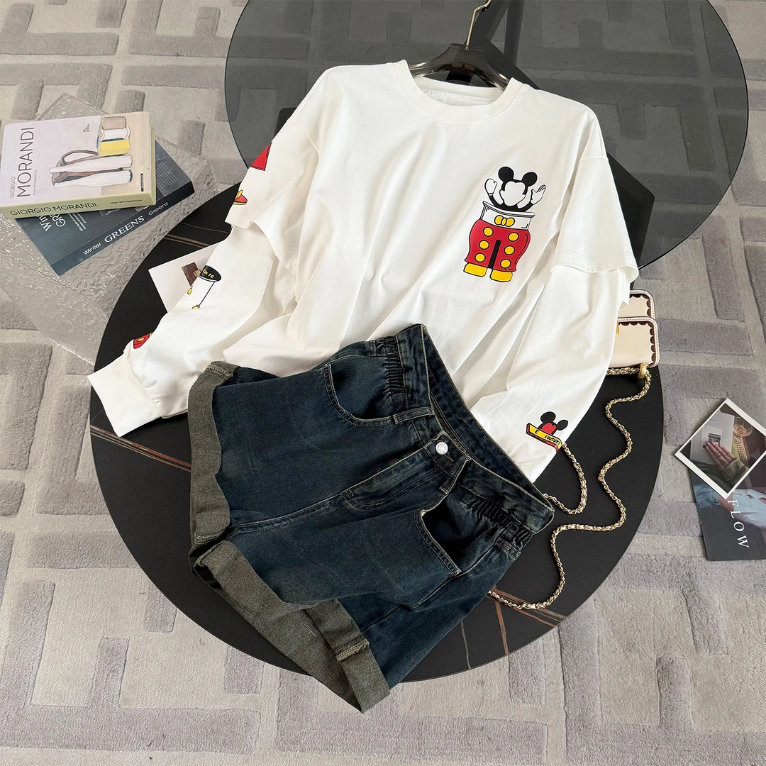 女早秋新款韩版运动休闲套装卡通印花圆领长袖宽松牛仔短裤两件套