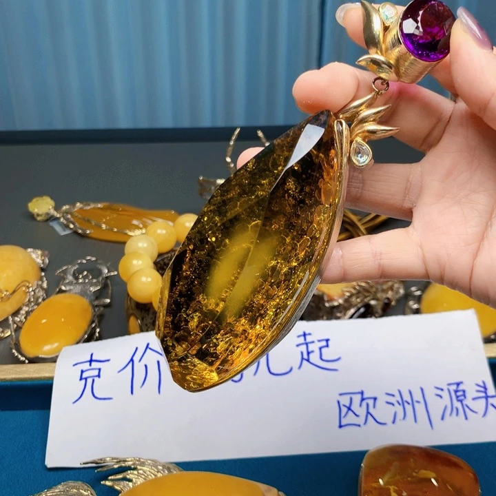 琥珀颈饰银S925镀金镶嵌波兰设计款琥珀蜜蜡