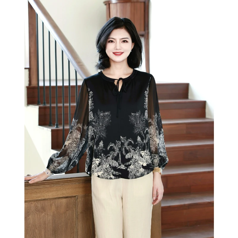 阿楠anan满怀春色6A级弹力双乔桑蚕丝圆领系带缎纹定位花真丝小衫
