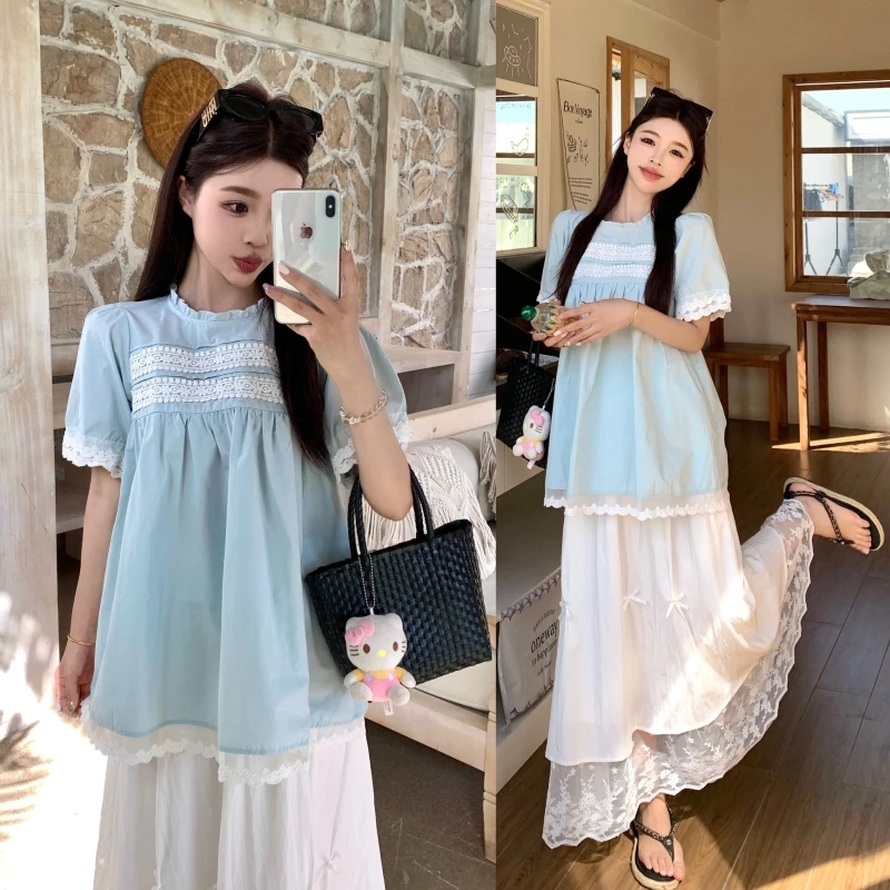 MIMI~2025夏季新款孕妇装拼接花边上衣+半身裙减龄甜美时尚两件套