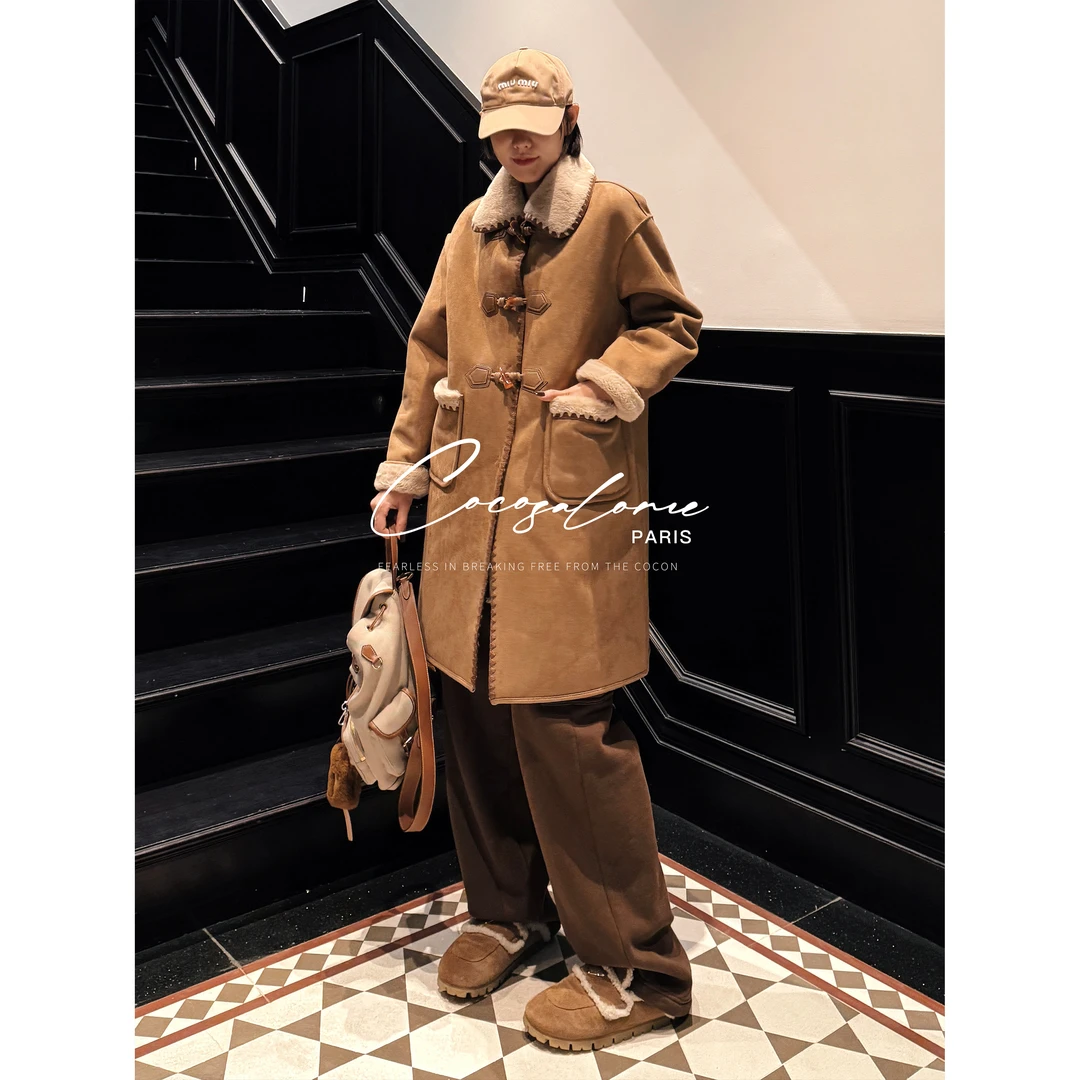 韩彬彬"软欧包“复古牛角扣中长款宽松显瘦保暖加厚翻领大衣3458-8