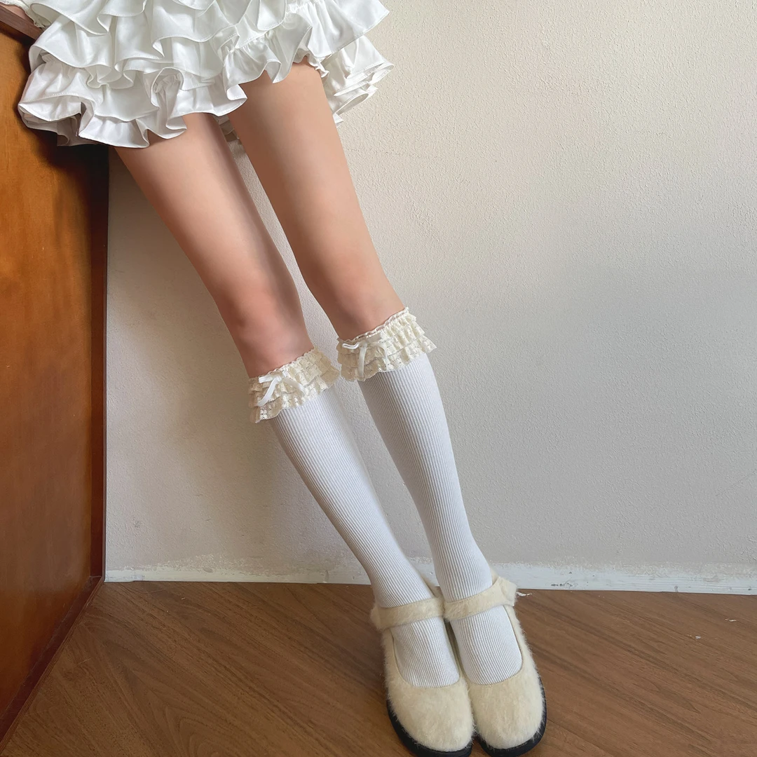 袜贵人新品三层蕾丝花边植绒蝴蝶结少女洛丽塔中筒小腿堆堆袜靴袜