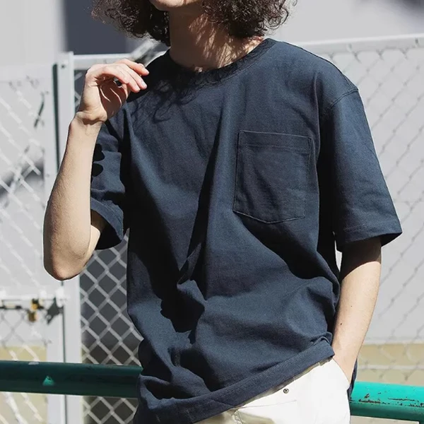 美式复古纯棉夏季重磅纯色口袋圆领潮流情侣工装休闲简约百搭短袖