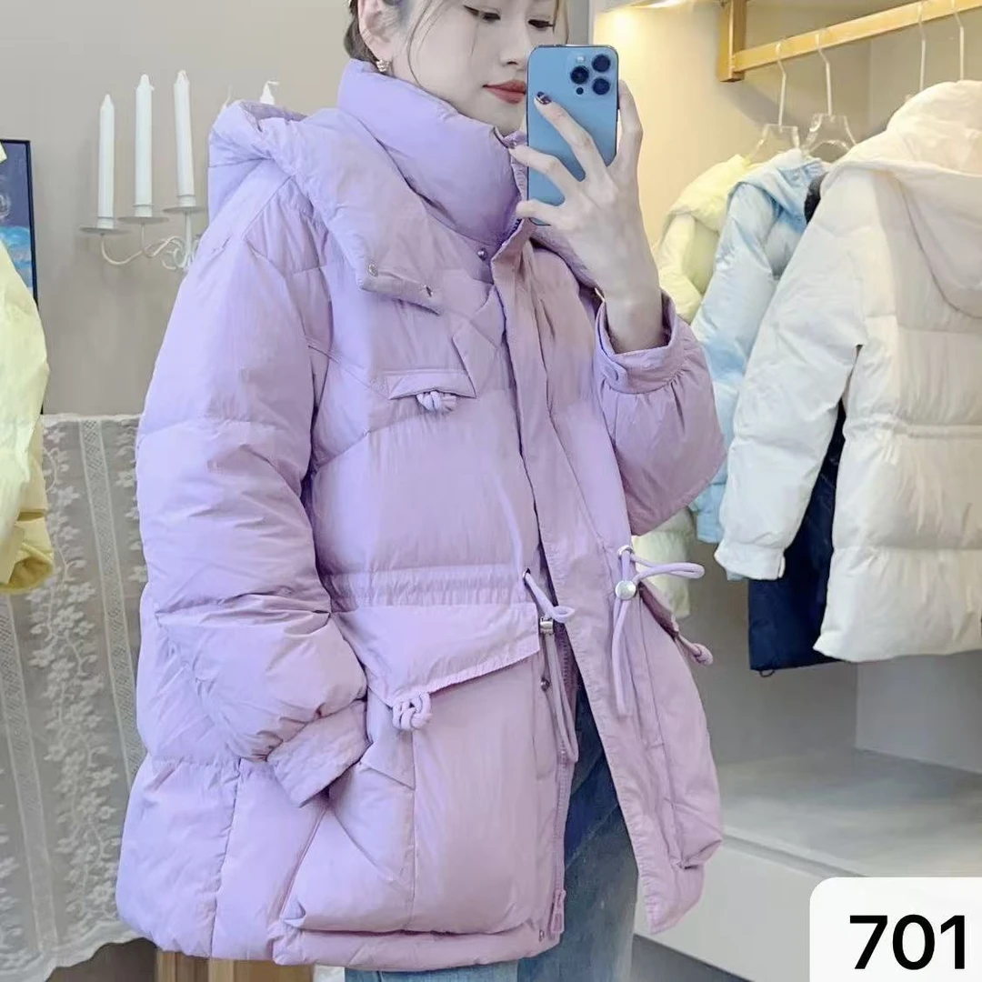 新款韩版抽绳收腰海军领羽绒服女中长款修身显瘦气质外套701-1