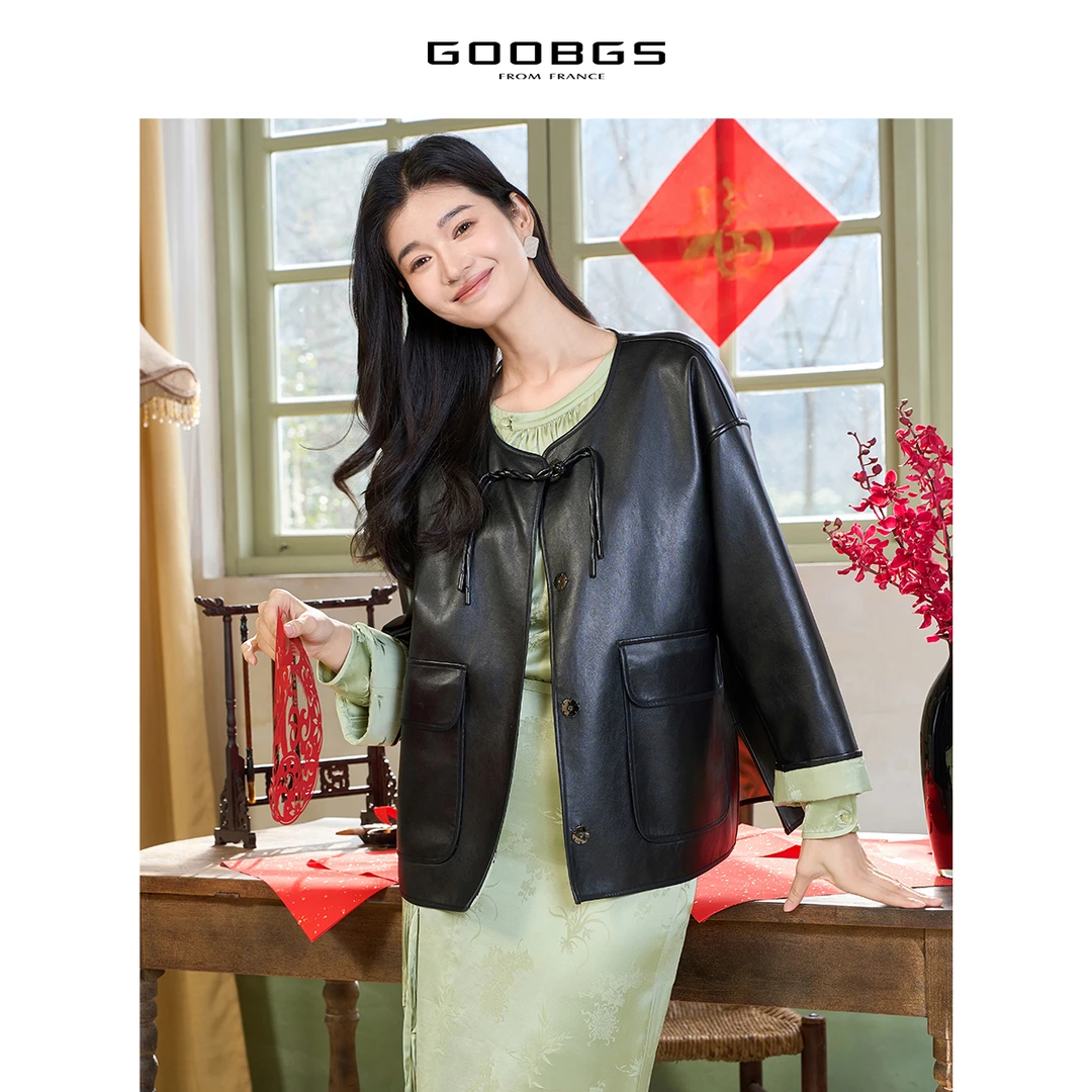 GOOBGS新中式国风皮衣外套气质显瘦宽松休闲夹克上衣G4155539