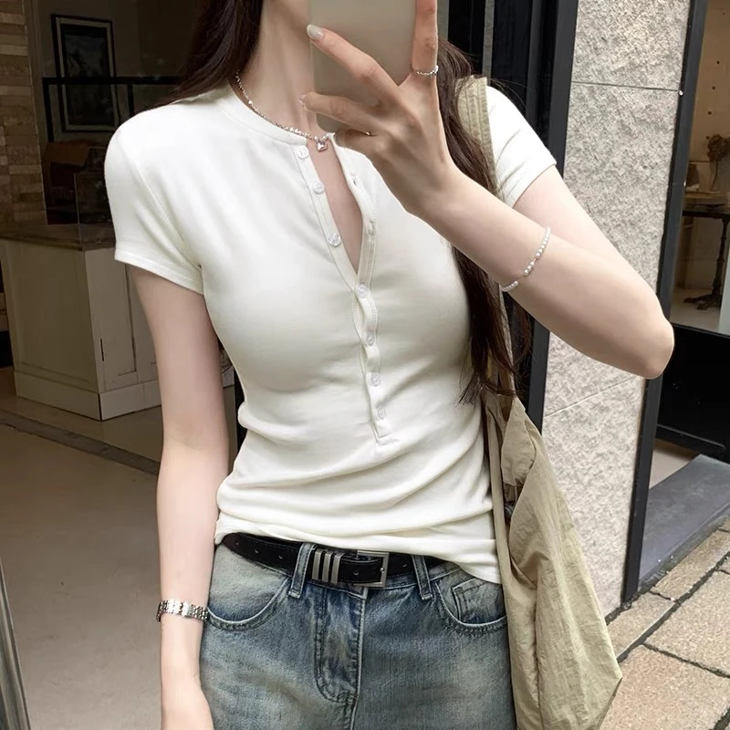 辣妹收腰半开领螺纹设计感夏简约百搭T恤短袖女洋气修身显瘦上衣