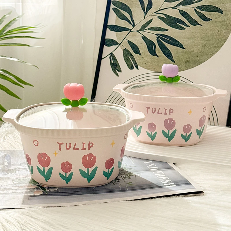 ins风郁金香陶瓷泡面碗带盖学生宿舍方便面碗螺蛳粉碗高颜值汤碗