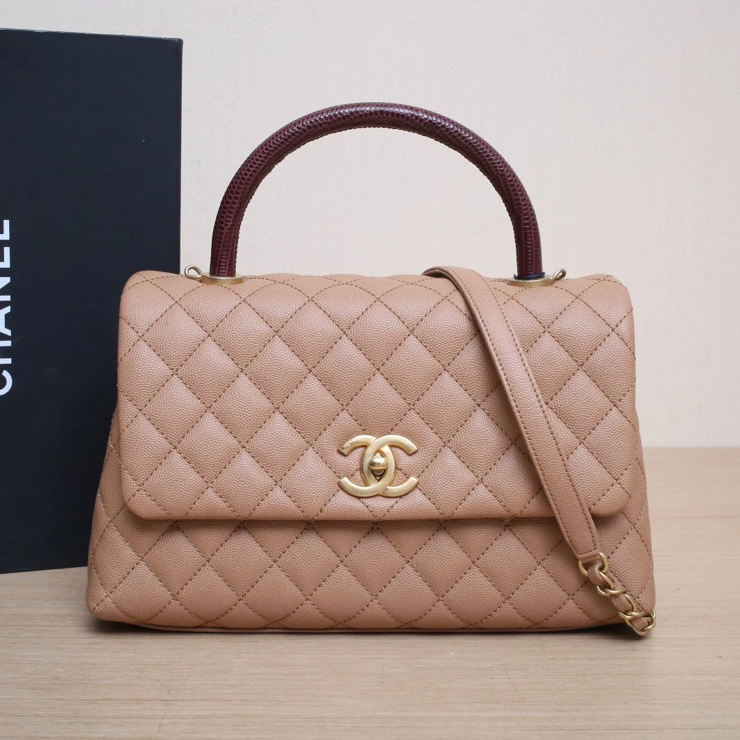 95新 Chanel/香奈儿 【双双】Coco Handle 中号 29褐色24蜥皮手柄