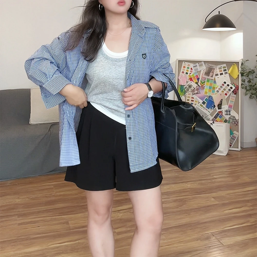 HBX大码韩系双捏褶休闲宽松高腰松紧腰西装短裤