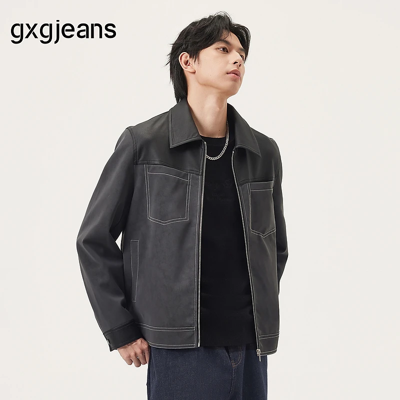 gxg.jeans男装 pu皮拼接通勤休闲行政夹克翻领外套男 25秋新品