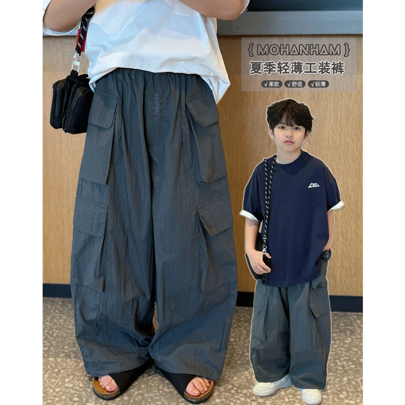 凯文家童装2025年夏季新品男童中大童韩版韩版大口袋工装裤休闲裤