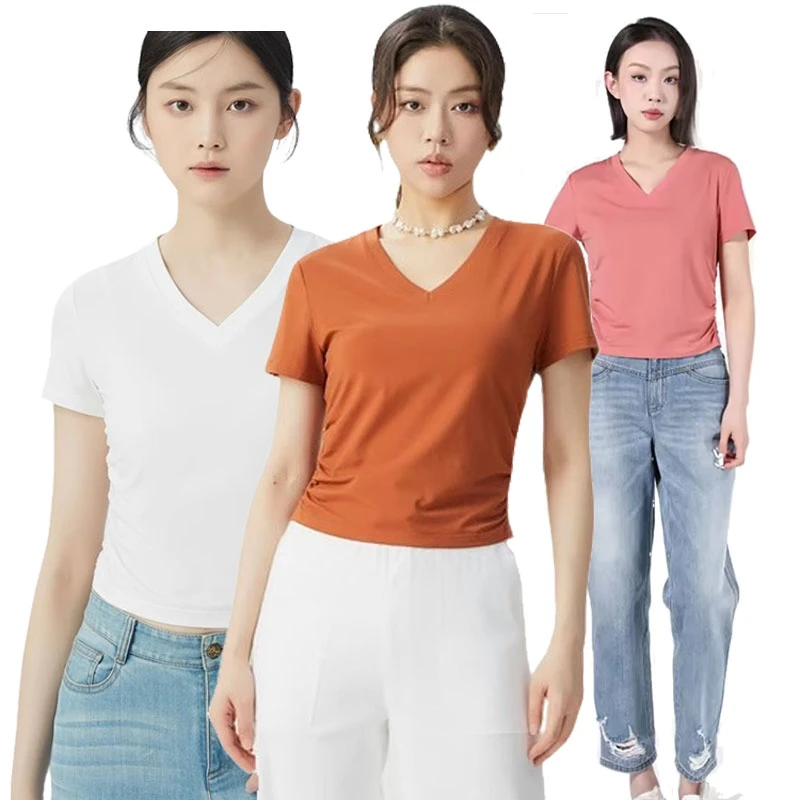 【商场同款】V领褶皱T恤短袖收腰短款修身设计感小众上衣女1300888