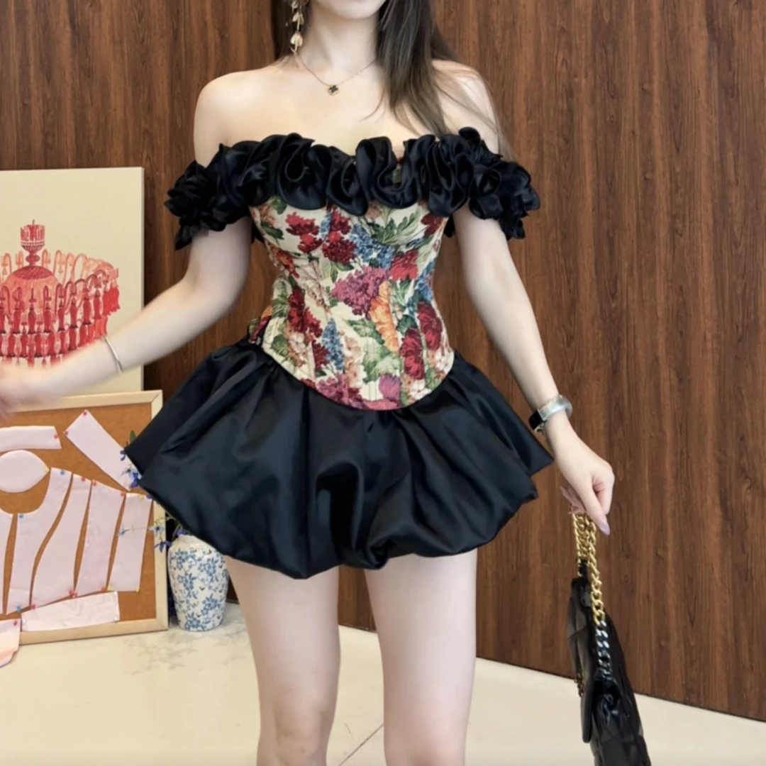 25801-（带胸垫）花团锦簇蕾丝款提花法式真鱼骨复古高级感鱼骨抹胸