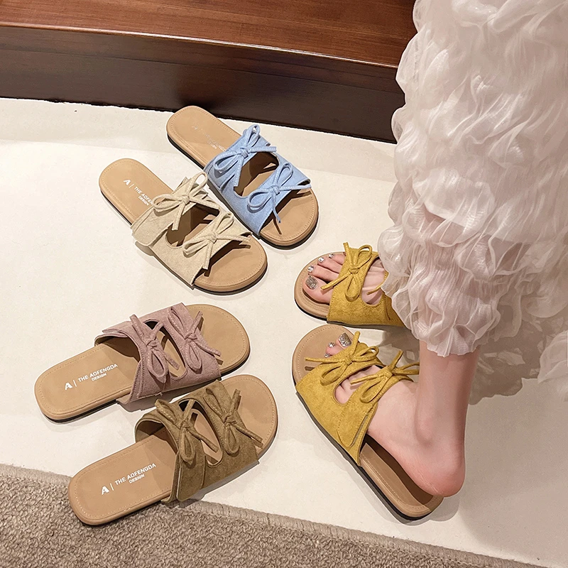 2025夏季新款双蝴蝶结韩版魔术贴少女风厚底百搭时尚外穿一字拖