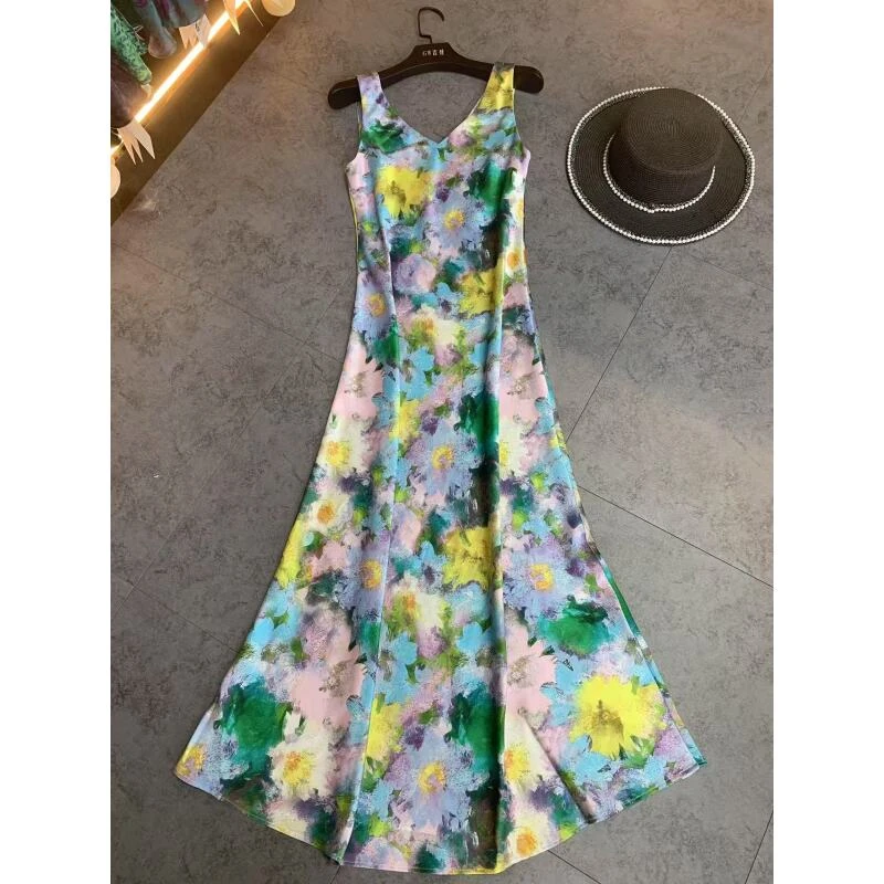 GW新款黑色碎花气质优雅时尚感显瘦背心连衣裙21303