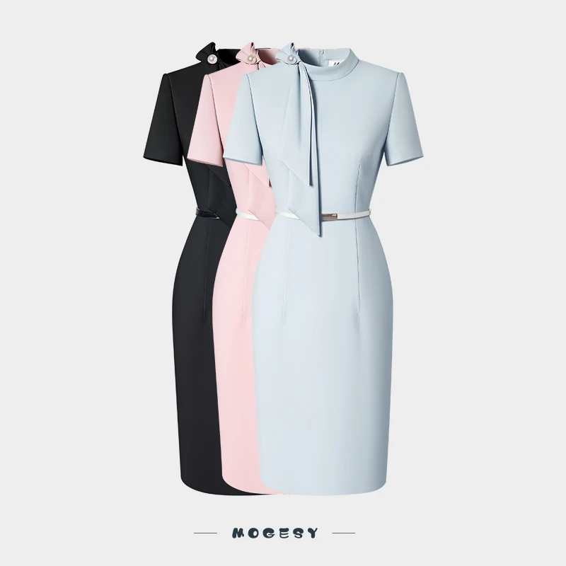 粉色连衣裙女夏季短袖修身减龄通勤法式包臀裙珠宝金店前台职业装