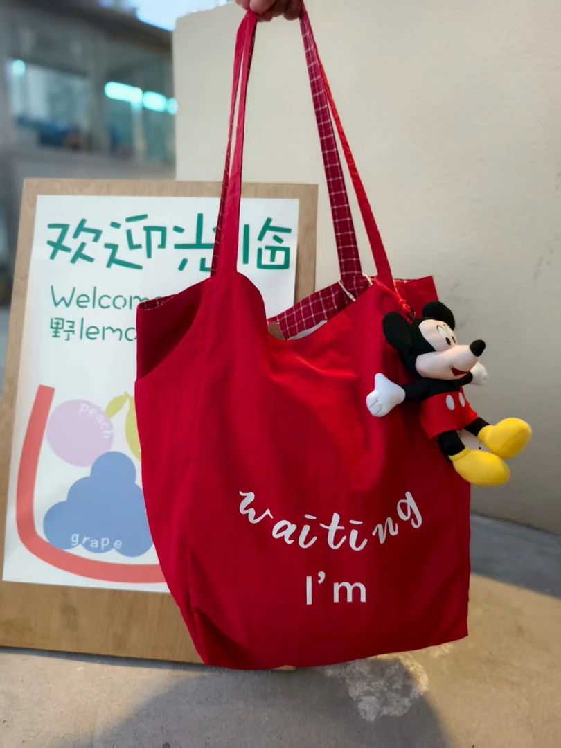 双面夏天包包百搭女格子托特休闲通勤单肩简约尼龙包包