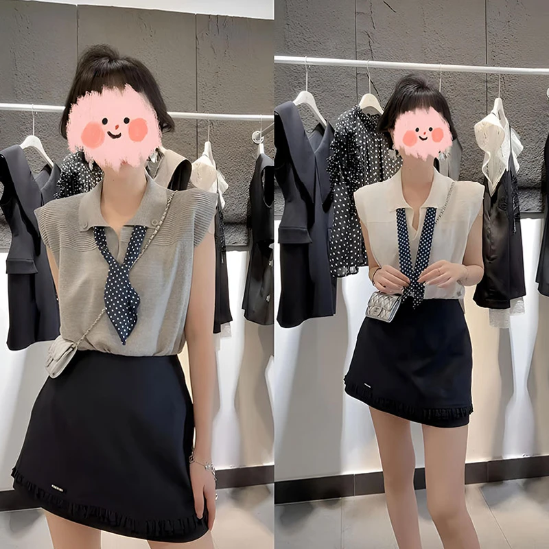 2025夏季新款毛针织衫圆领拼接衬衫无袖上衣T套装休闲高腰半身裙