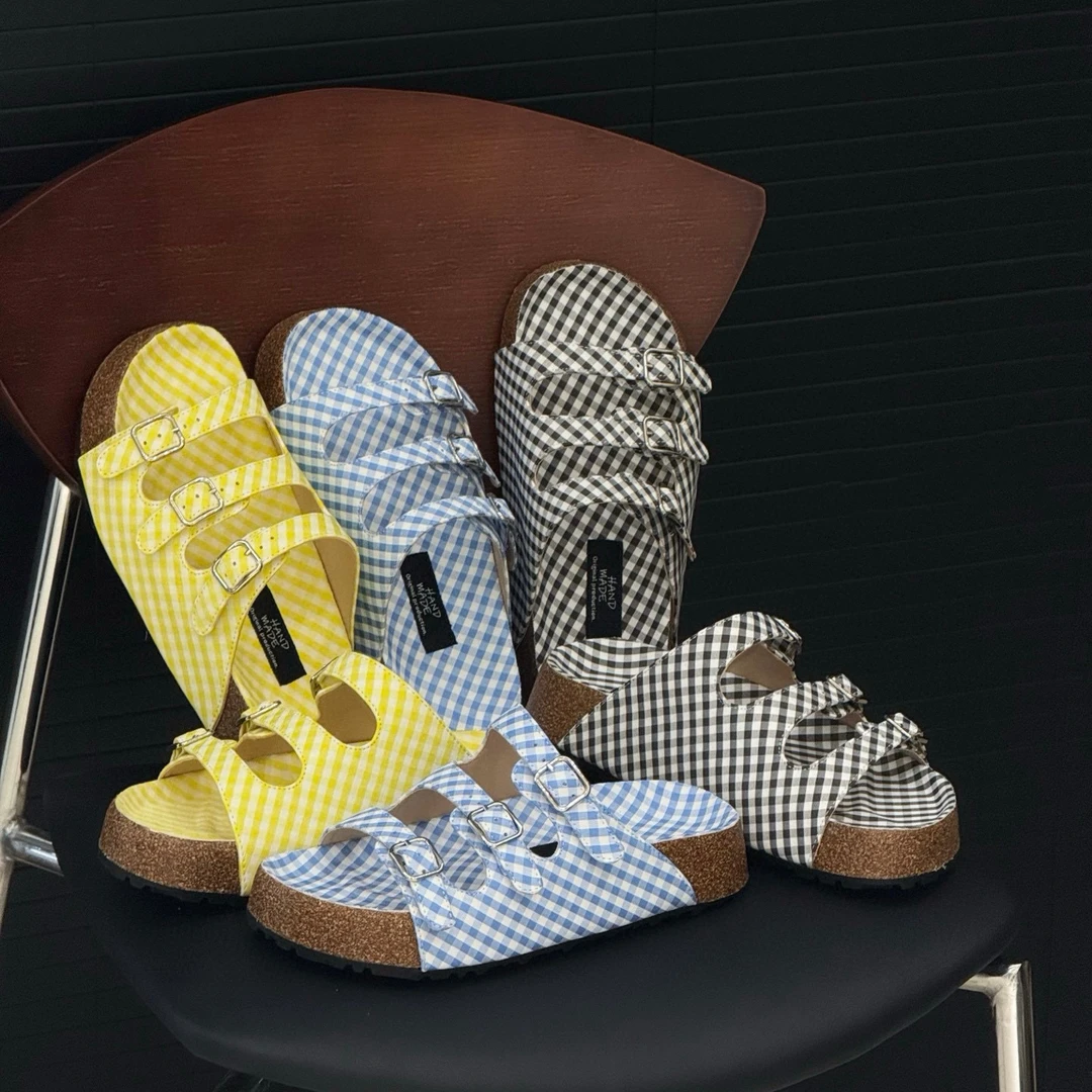 复古厚底格纹博肯凉拖～夏威夷度假风凉鞋
