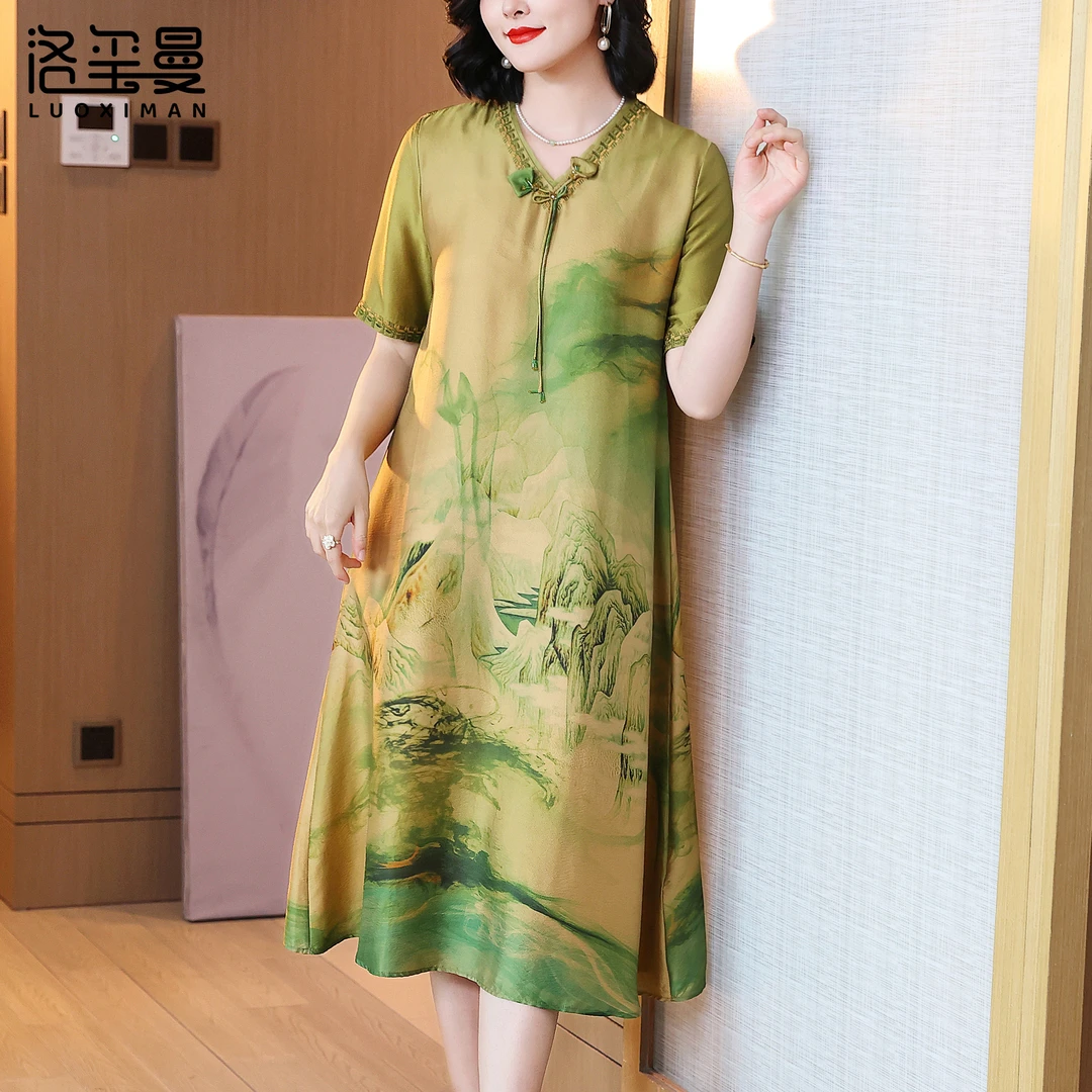 洛玺曼真丝显瘦连衣裙宽松大码V领桑蚕丝气质舒适裙子2025女装裙