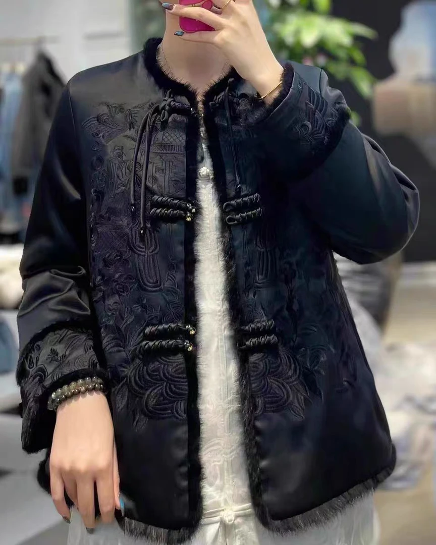 新款新中式圆领盘扣水貂毛重工刺绣夹棉外套女