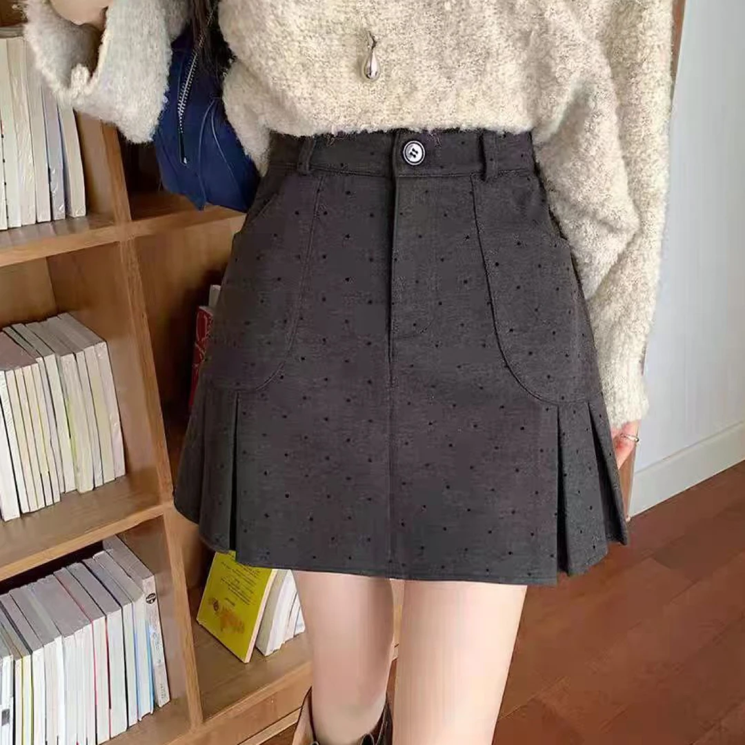 新款波点毛呢百褶高腰A字短裙女秋冬加厚防走光遮肉显瘦百搭