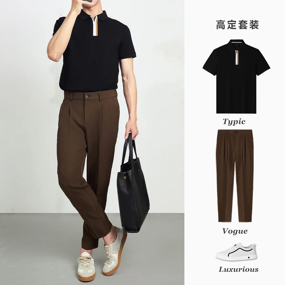 痞帅polo衫男短袖t恤翻领夏天商务休闲高定套装西裤上衣裤子男款