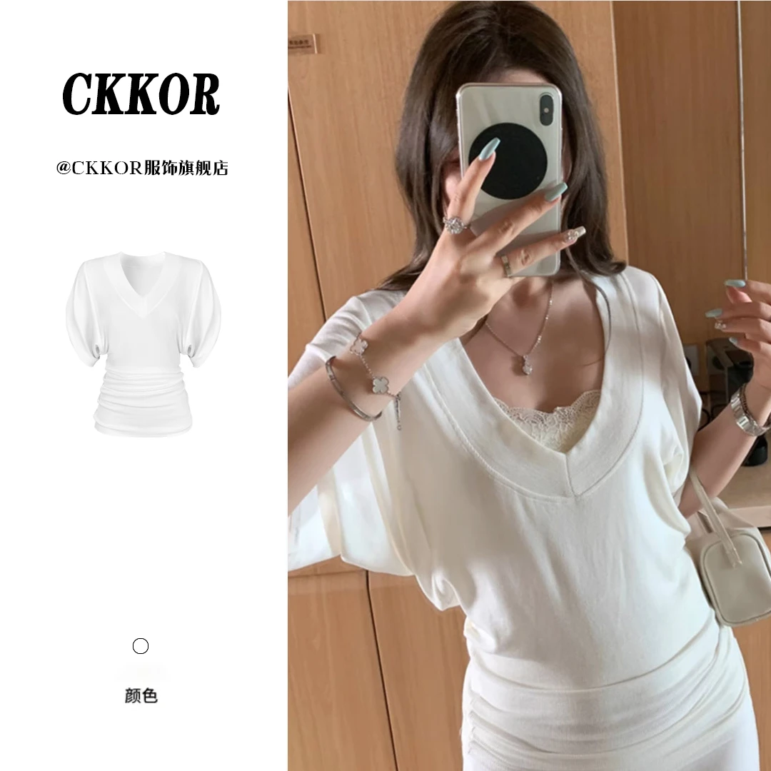 CKKOR夏季辣妹风宽松洋气v领短袖t恤女蝙蝠袖打底衫时尚百搭上衣
