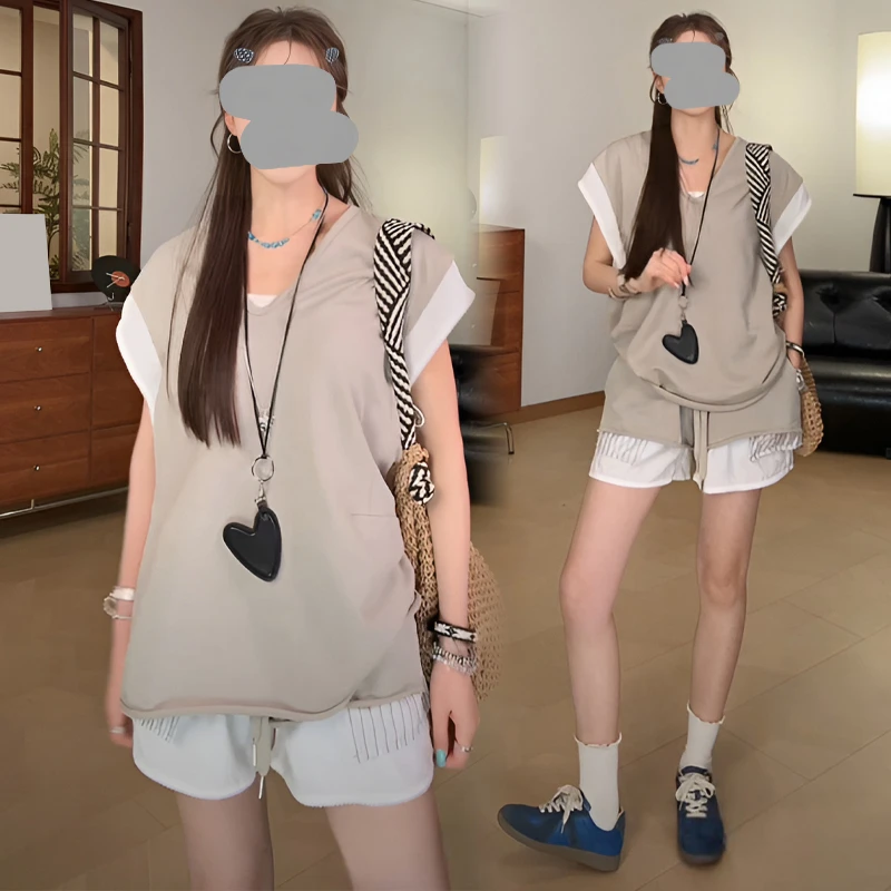 薄款假两件拼接无袖T恤女2025新款爆款夏季撞色宽松高腰短裤套装