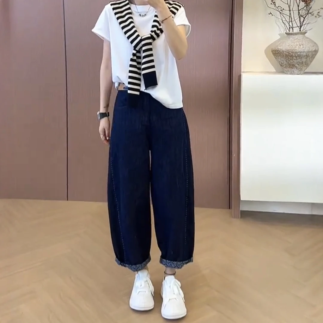 2025夏季薄款丹宁蓝弯刀裤九分窄版高腰显瘦百搭阔腿裤女大码胖mm