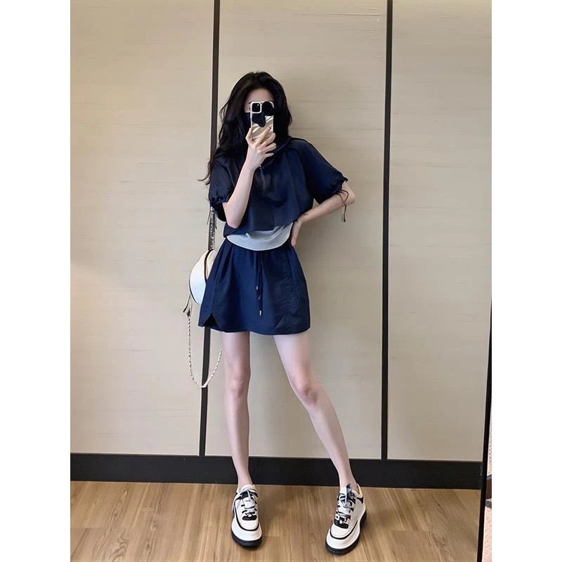 假两件短袖抽绳薄款上衣女2025新款夏季休闲运动半裙显瘦短款套装