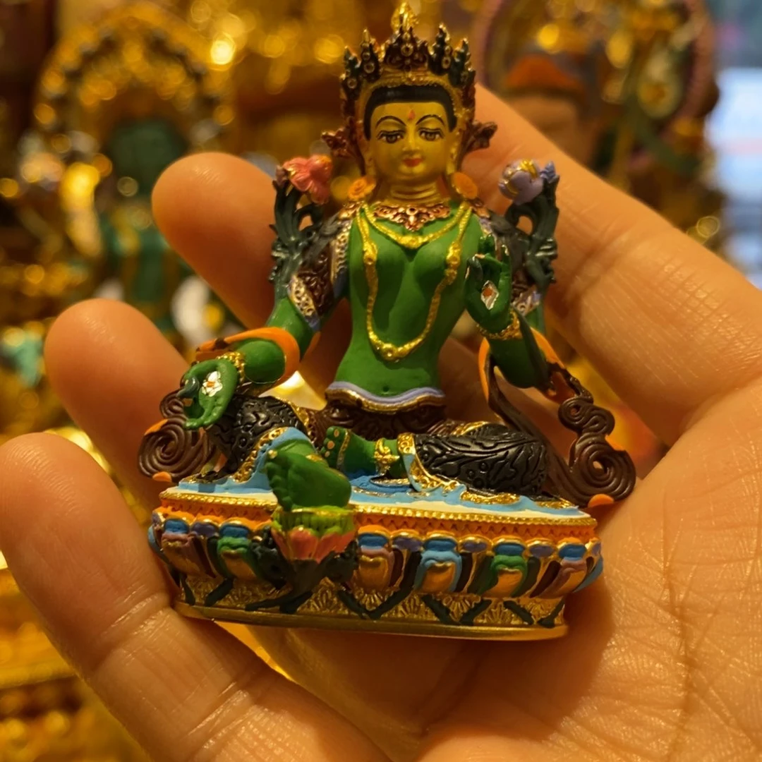 绿度母7cm黄铜彩绘摆件