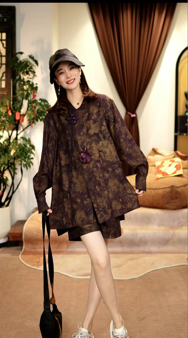 【玉洁定制】“紫金流沙”国风复古紫色上衣短裤套装BQYJ25030005