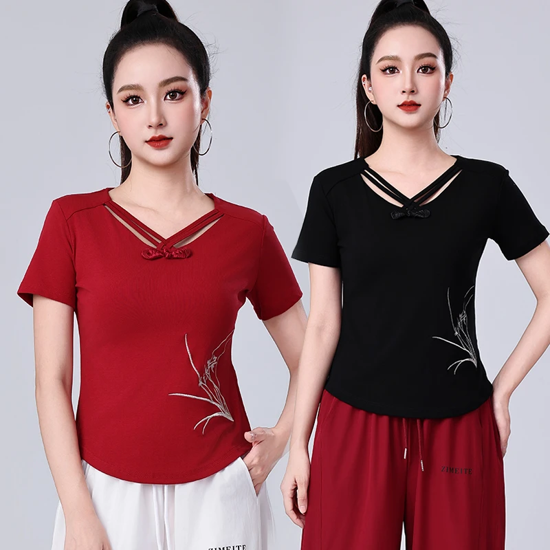 夏季国风刺绣短袖上衣中式盘扣民族风广场舞服装