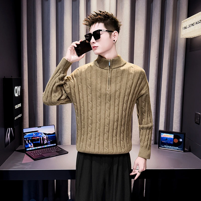 半高领拉链毛衣男款秋冬内搭针织上衣2025新款痞帅宽松加厚打底衫