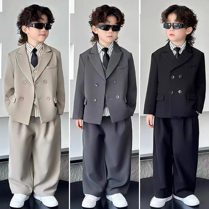 男童西装礼服英伦冯潮帅气时髦小童冬季儿童加绒加厚西服套装休闲